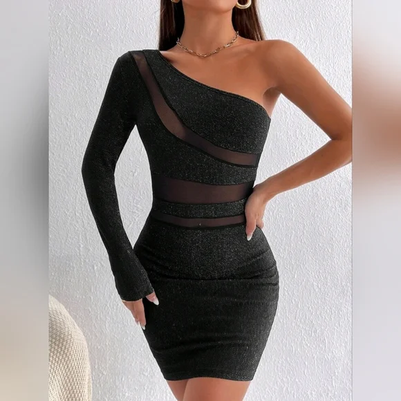 SHEIN Dresses Petite One Shoulder Mesh Panel Bodycon Dress
